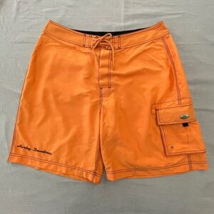 Harley Davidson Orange Board Shorts Men's Cargo Pocket Swim Trunks Size Large